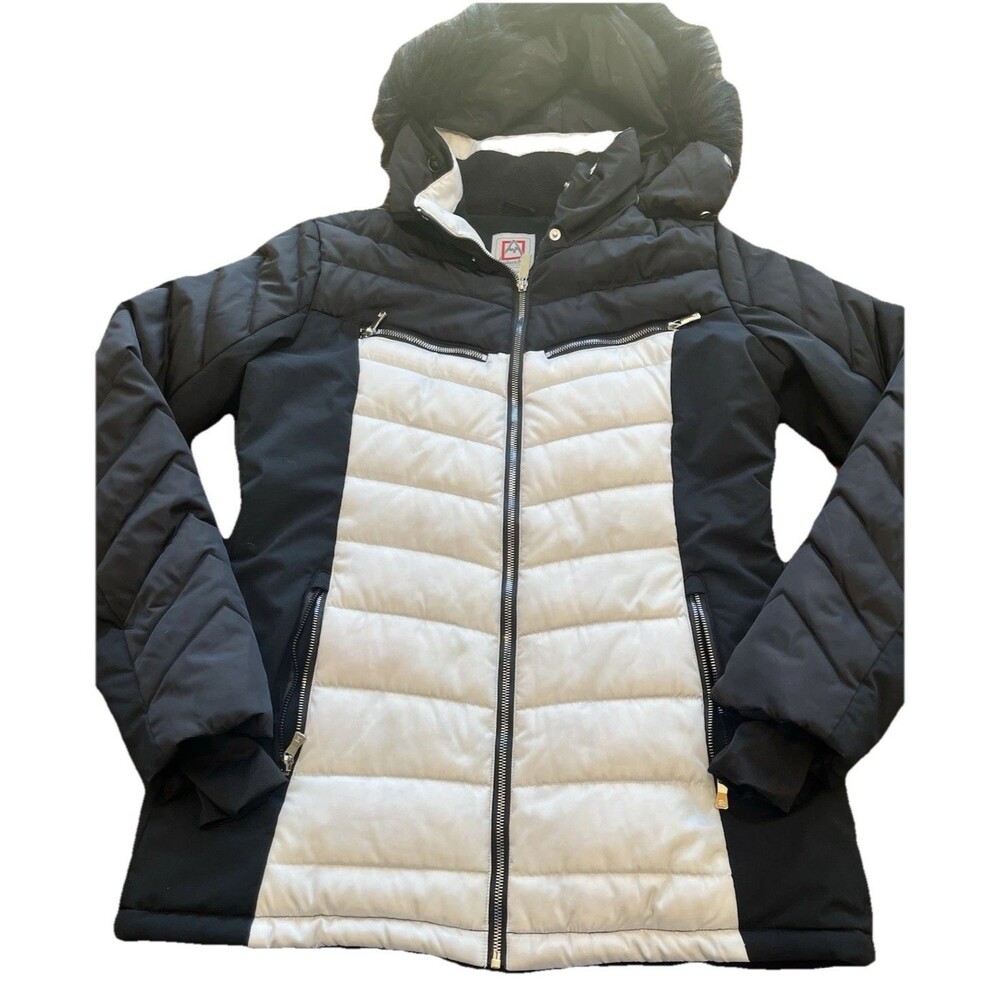 Avalanche Womens Large Puffer Ski Jacket Faux Fur Hood Black White Coat